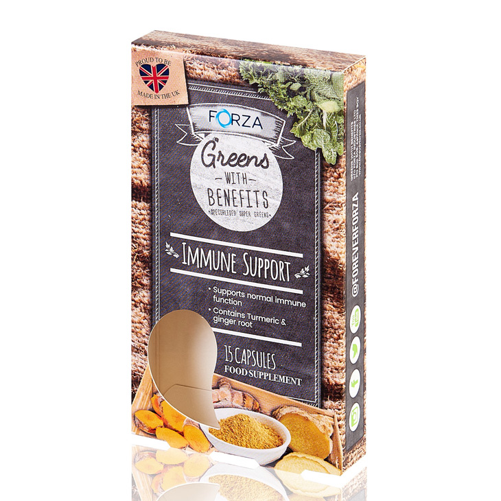 Food supplement carton with straw bag and vegetable imagery