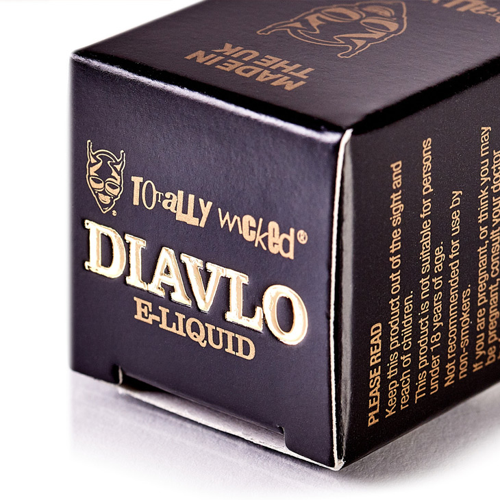 Black carton with embossed gold writing for Totally Wicked Diavlo E-Liquid