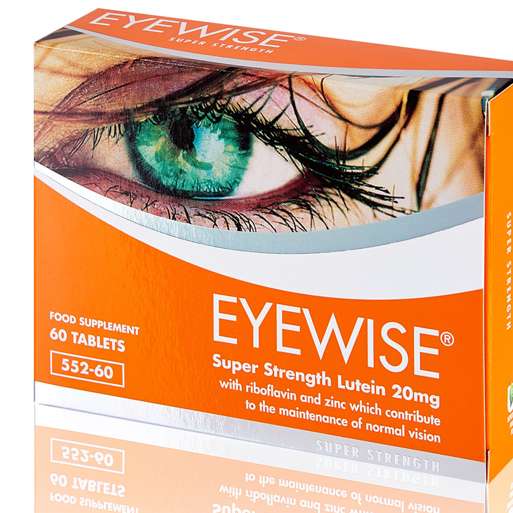 Orange carton containing food supplement tablets for eye health