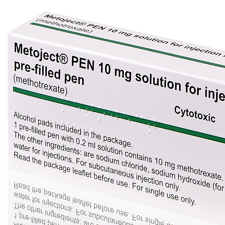 Close up of white and green medical carton for Metoject Pen with braille