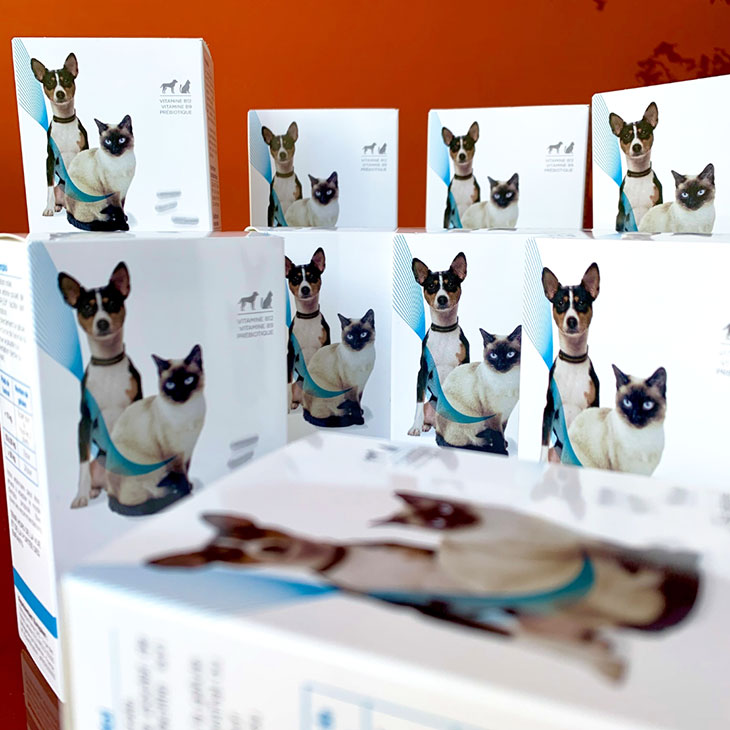 White carton with a picture of a dog and cat